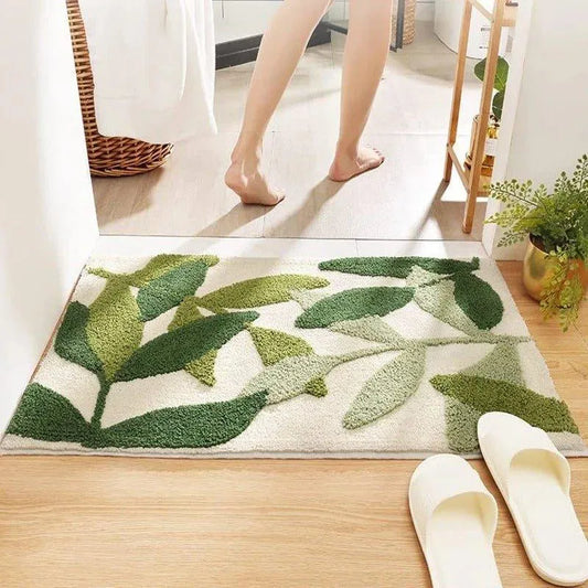 Green Leaves Microfiber Bathroom Rug │ Modern Nordic Soft Bath Floor Mat - Besontique