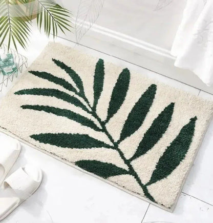 Green Leaves Microfiber Bathroom Rug │ Modern Nordic Soft Bath Floor Mat - Besontique