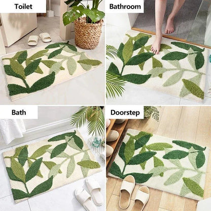 Green Leaves Microfiber Bathroom Rug │ Modern Nordic Soft Bath Floor Mat - Besontique