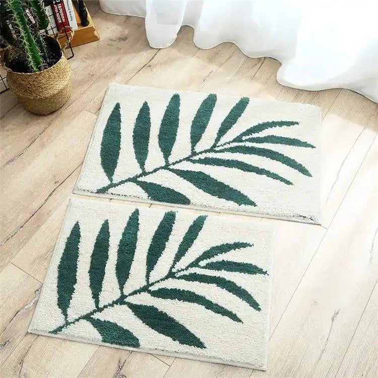 Green Leaves Microfiber Bathroom Rug │ Modern Nordic Soft Bath Floor Mat - Besontique