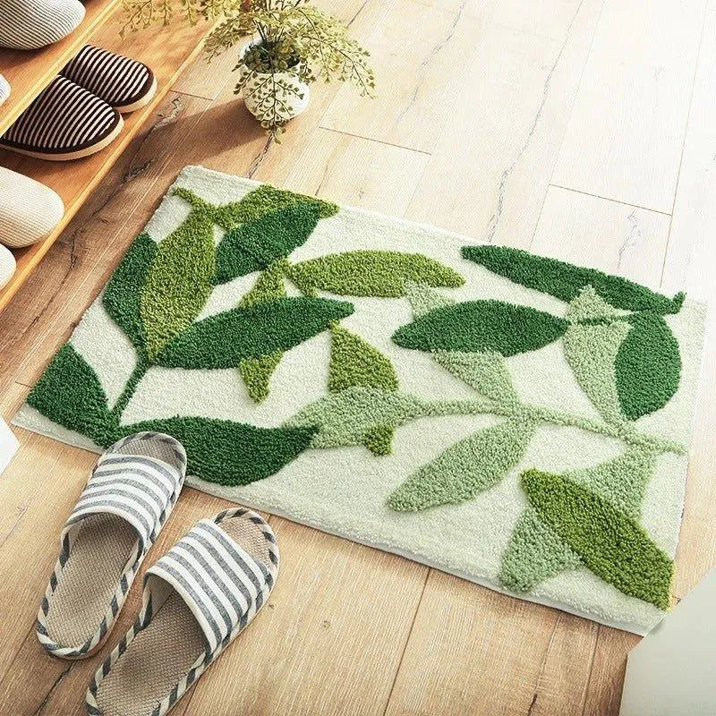 Green Leaves Microfiber Bathroom Rug │ Modern Nordic Soft Bath Floor Mat - Besontique