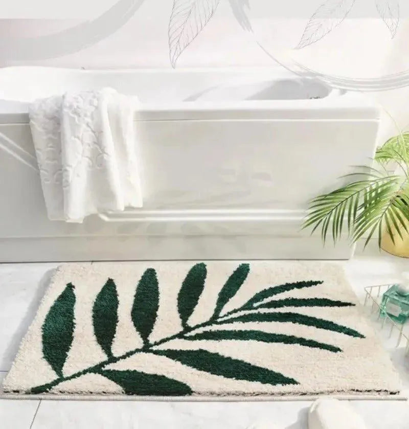 Green Leaves Microfiber Bathroom Rug │ Modern Nordic Soft Bath Floor Mat - Besontique