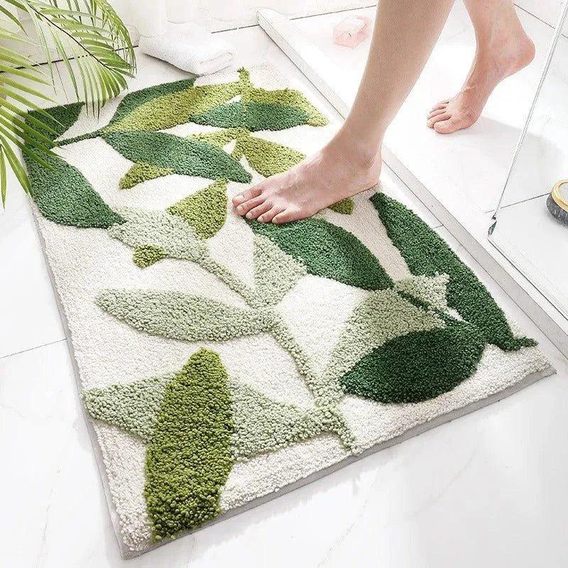 Green Leaves Microfiber Bathroom Rug │ Modern Nordic Soft Bath Floor Mat - Besontique Home