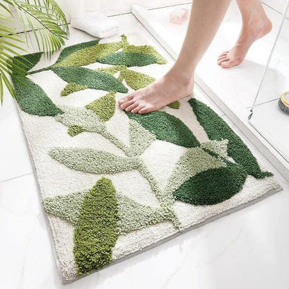 Green Leaves Microfiber Bathroom Rug │ Modern Nordic Soft Bath Floor Mat - Besontique Home