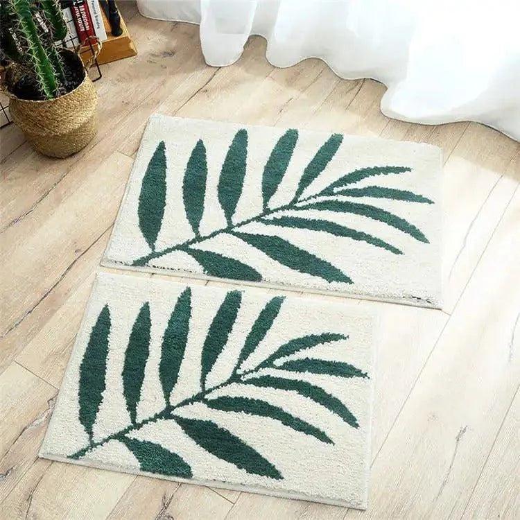 Green Leaves Microfiber Bathroom Rug │ Modern Nordic Soft Bath Floor Mat - Besontique Home
