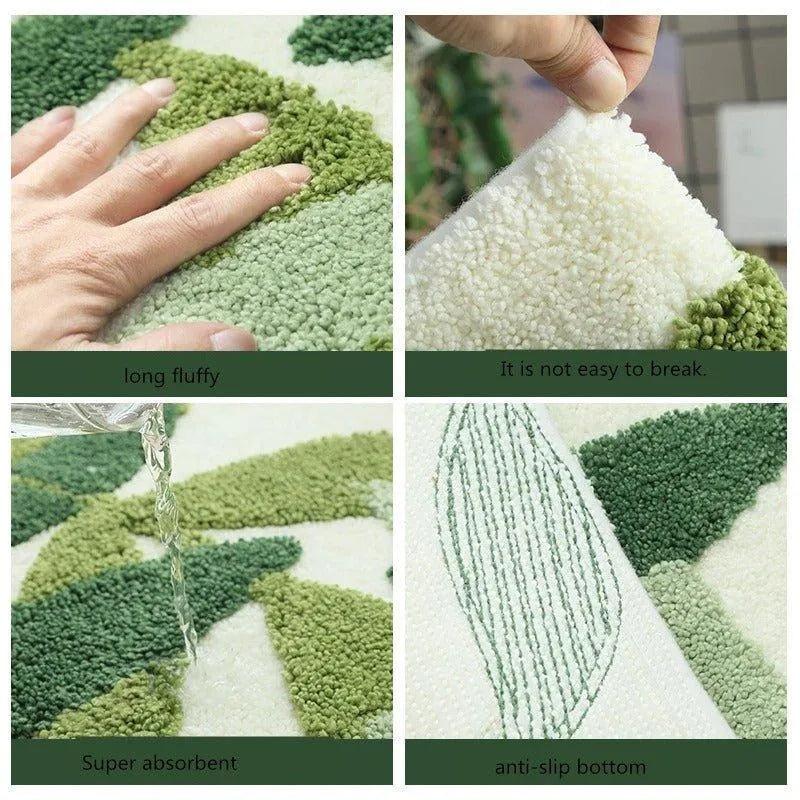 Green Leaves Microfiber Bathroom Rug │ Modern Nordic Soft Bath Floor Mat - Besontique Home