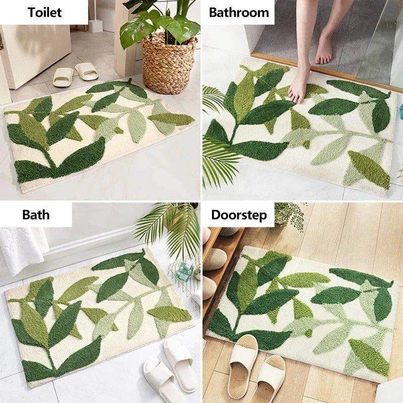 Green Leaves Microfiber Bathroom Rug │ Modern Nordic Soft Bath Floor Mat - Besontique Home
