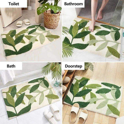 Green Leaves Microfiber Bathroom Rug │ Modern Nordic Soft Bath Floor Mat - Besontique Home