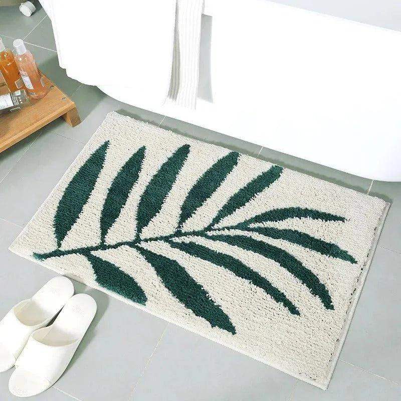 Green Leaves Microfiber Bathroom Rug │ Modern Nordic Soft Bath Floor Mat - Besontique Home