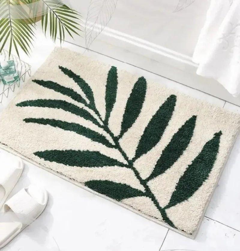 Green Leaves Microfiber Bathroom Rug │ Modern Nordic Soft Bath Floor Mat - Besontique Home