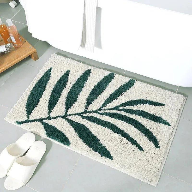 Green Leaves Microfiber Bathroom Rug │ Modern Nordic Soft Bath Floor Mat - Besontique Home
