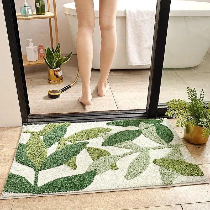 Green Leaves Microfiber Bathroom Rug │ Modern Nordic Soft Bath Floor Mat - Besontique Home