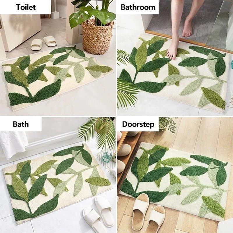 Green Leaves Microfiber Bathroom Rug │ Modern Nordic Soft Bath Floor Mat - Besontique Home