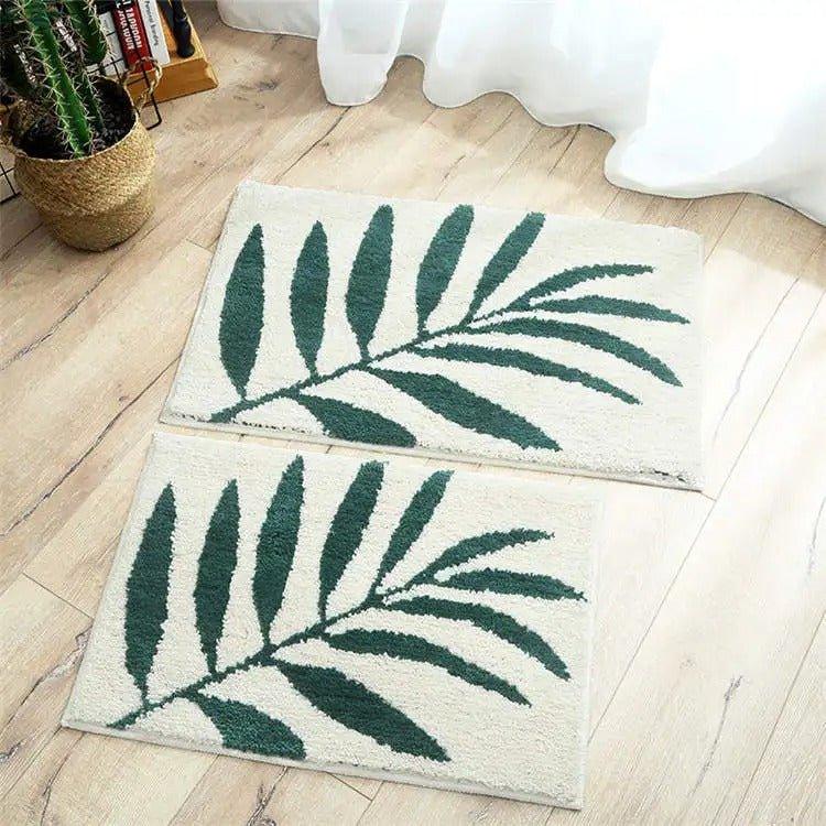 Green Leaves Microfiber Bathroom Rug │ Modern Nordic Style Non-slip Absorbent Soft Fluffy Bath Floor Mat - Besontique