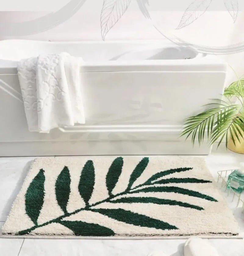 Green Leaves Microfiber Bathroom Rug │ Modern Nordic Style Non-slip Absorbent Soft Fluffy Bath Floor Mat - Besontique