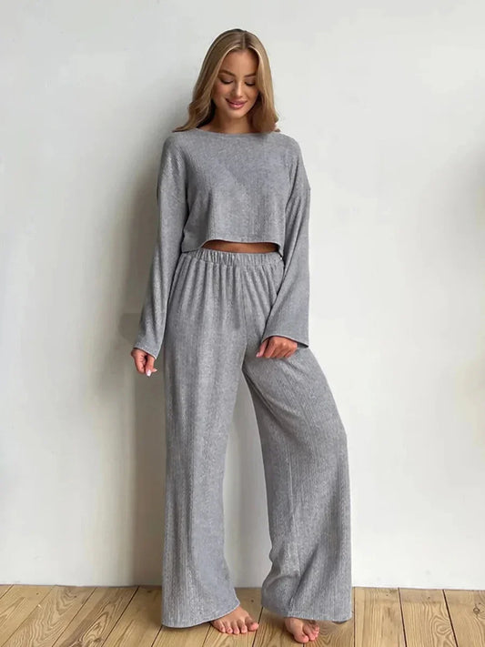 Grey Long Sleeve Jacquard Pajama 2 Piece Set │ Homewear - Besontique Home