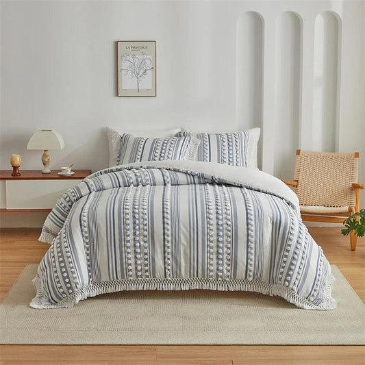 High-end Striped Cut Furball Bedding Set │ Modern Boho Quilt with Tassels Bed Duvet cover Pillow case - Besontique