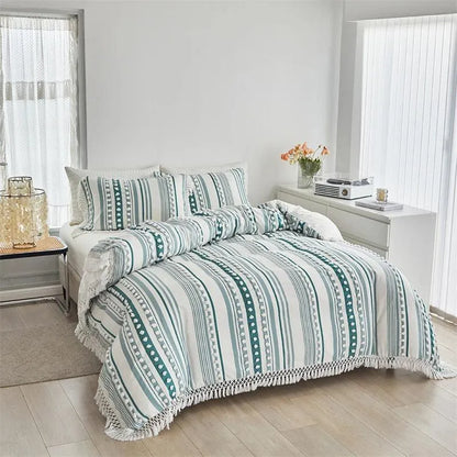 High-end Striped Cut Furball Bedding Set │ Modern Boho Quilt with Tassels Bed Duvet cover Pillow case - Besontique