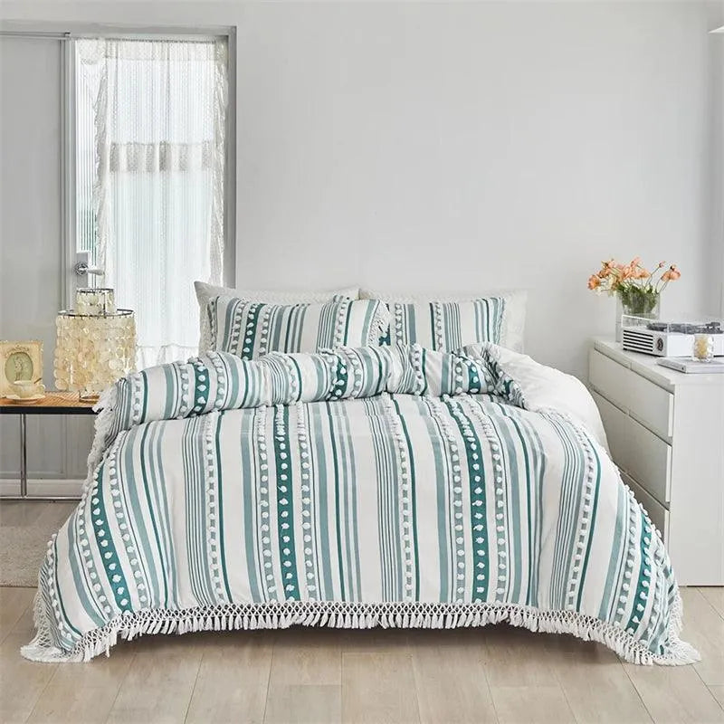 High-end Striped Cut Furball Bedding Set │ Modern Boho Quilt with Tassels Bed Duvet cover Pillow case - Besontique