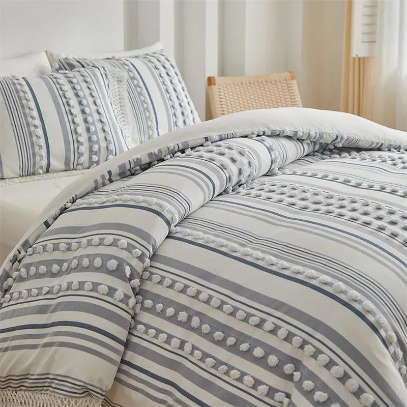 High-end Striped Cut Furball Bedding Set │ Modern Boho Quilt with Tassels Bed Duvet cover Pillow case - Besontique