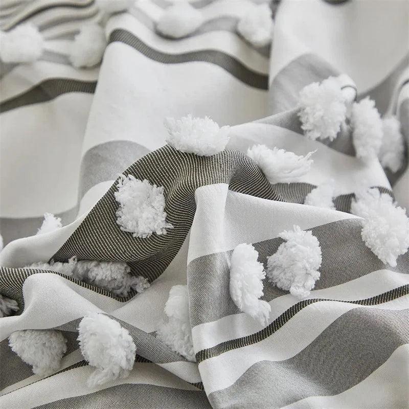 High-end Striped Cut Furball Bedding Set │ Modern Boho Quilt with Tassels Bed Duvet cover Pillow case - Besontique Home