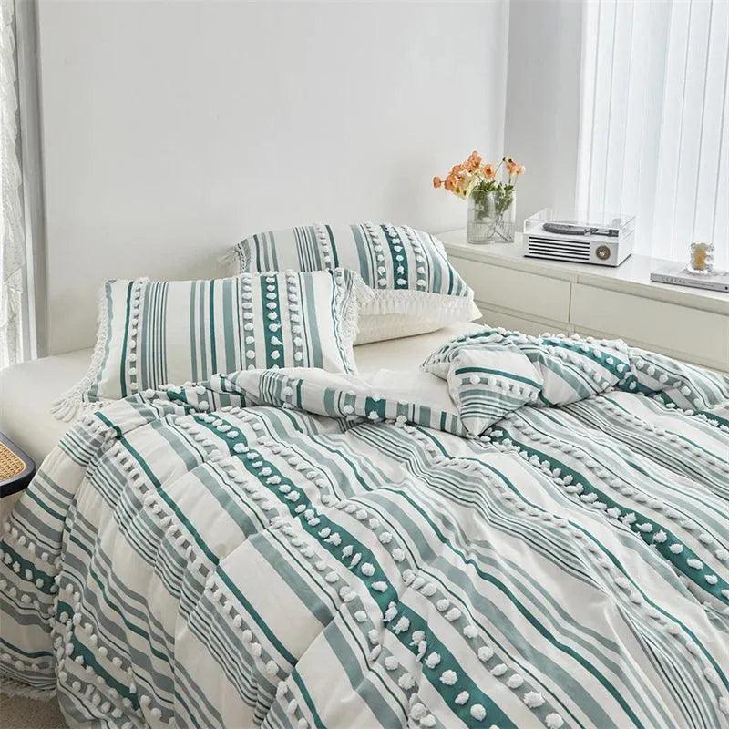 High-end Striped Cut Furball Bedding Set │ Modern Boho Quilt with Tassels Bed Duvet cover Pillow case - Besontique Home