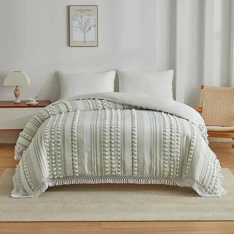 High-end Striped Cut Furball Bedding Set │ Modern Boho Quilt with Tassels Bed Duvet cover Pillow case - Besontique Home