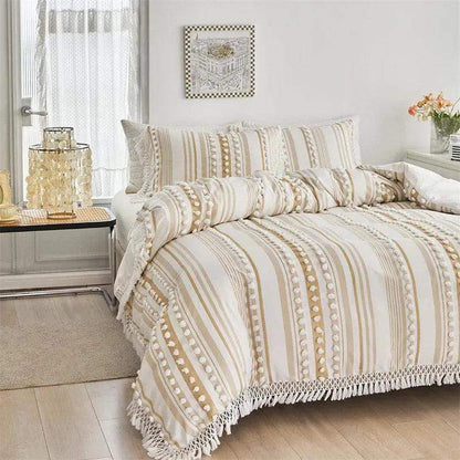 High-end Striped Cut Furball Bedding Set │ Modern Boho Quilt with Tassels Bed Duvet cover Pillow case - Besontique Home