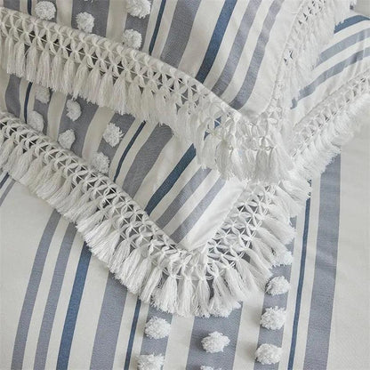 High-end Striped Cut Furball Bedding Set │ Modern Boho Quilt with Tassels Bed Duvet cover Pillow case - Besontique Home