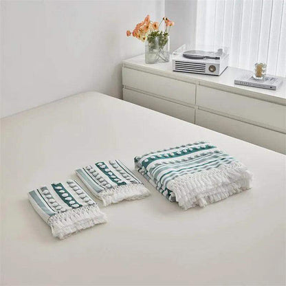 High-end Striped Cut Furball Bedding Set │ Modern Boho Quilt with Tassels Bed Duvet cover Pillow case - Besontique Home