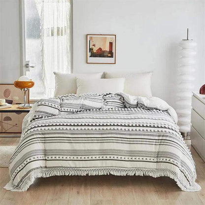 High-end Striped Cut Furball Bedding Set │ Modern Boho Quilt with Tassels Bed Duvet cover Pillow case - Besontique Home
