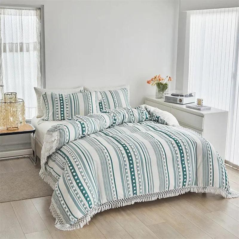 High-end Striped Cut Furball Bedding Set │ Modern Boho Quilt with Tassels Bed Duvet cover Pillow case - Besontique Home
