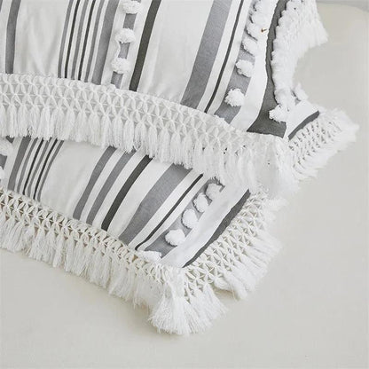 High-end Striped Cut Furball Bedding Set │ Modern Boho Quilt with Tassels Bed Duvet cover Pillow case - Besontique Home