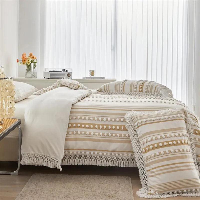 High-end Striped Cut Furball Bedding Set │ Modern Boho Quilt with Tassels Bed Duvet cover Pillow case - Besontique Home