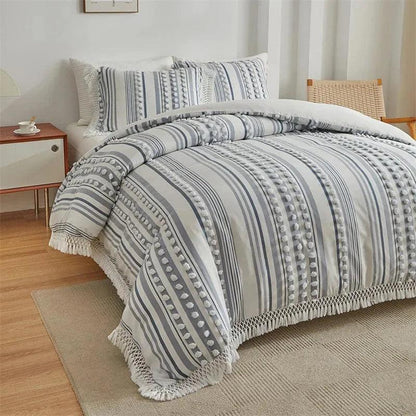 High-end Striped Cut Furball Bedding Set │ Modern Boho Quilt with Tassels Bed Duvet cover Pillow case - Besontique Home