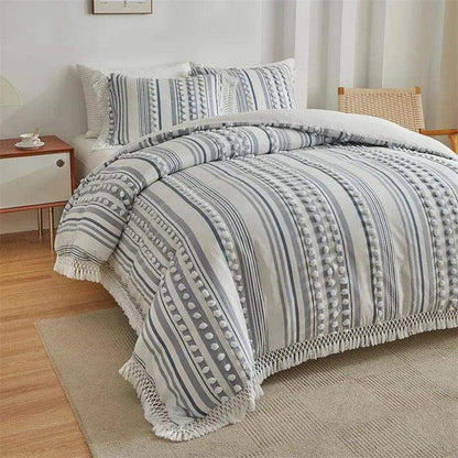 High-end Striped Cut Furball Bedding Set │ Modern Boho Quilt with Tassels Bed Duvet cover Pillow case - Besontique Home