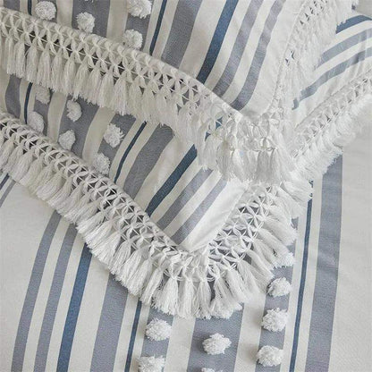 High-end Striped Cut Furball Bedding Set │ Modern Boho Quilt with Tassels Bed Duvet cover Pillow case - Besontique Home