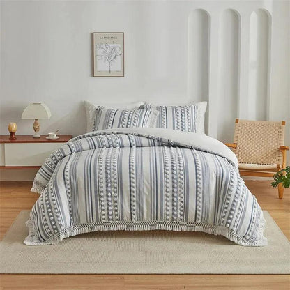 High-end Striped Cut Furball Bedding Set │ Modern Boho Quilt with Tassels Bed Duvet cover Pillow case - Besontique Home