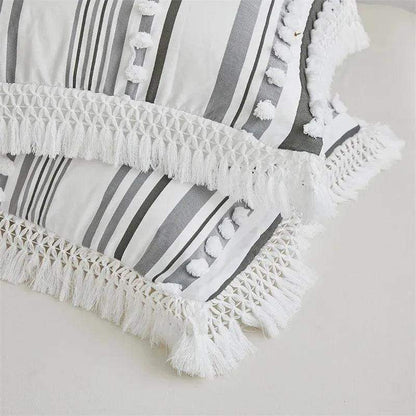 High-end Striped Cut Furball Bedding Set │ Modern Boho Quilt with Tassels Bed Duvet cover Pillow case - Besontique Home