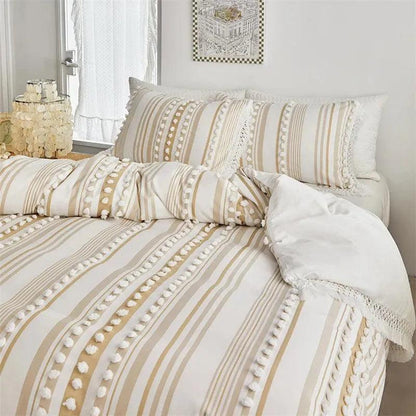 High-end Striped Cut Furball Bedding Set │ Modern Boho Quilt with Tassels Bed Duvet cover Pillow case - Besontique Home