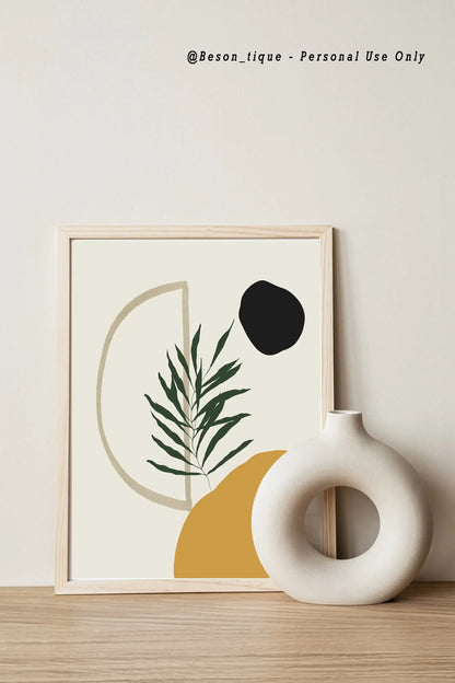 Modern Botanical Digital Prints, Boho Plants Abstract Wall Art, Geometric Poster, Neutral Yellow Green Black Printable Art - Besontique Home