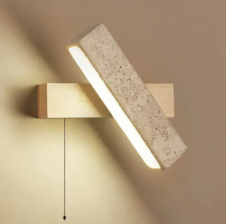 Japandi Natural Stone Wood Rectangular Wall Lighting With Pull Switch │ Modern LED Rotatable Sconce Wall Light - Besontique Home