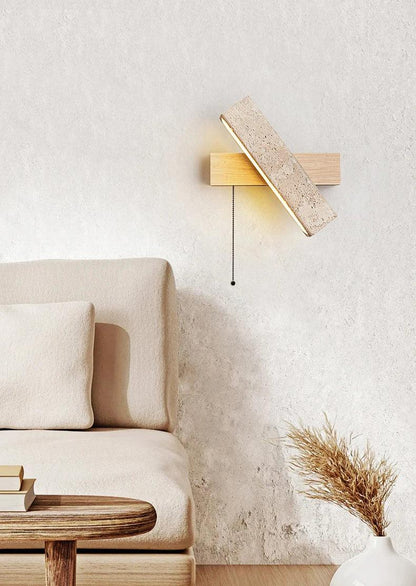 Japandi Natural Stone Wood Rectangular Wall Lighting With Pull Switch │ Modern LED Rotatable Sconce Wall Light - Besontique Home