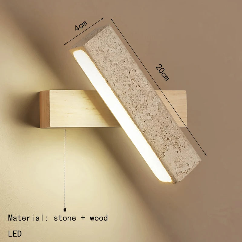 Japandi Natural Stone Wood Rectangular Wall Lighting With Pull Switch │ Modern LED Rotatable Sconce Wall Light - Besontique Home