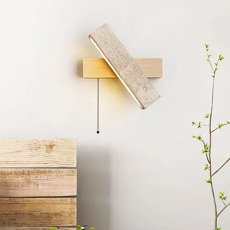Japandi Natural Stone Wood Rectangular Wall Lighting With Pull Switch │ Modern LED Rotatable Sconce Wall Light - Besontique Home