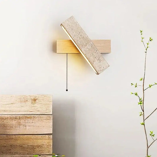 Japandi Natural Stone Wood Rectangular Wall Lighting With Pull Switch │ Modern LED Rotatable Sconce Wall Light - Besontique Home