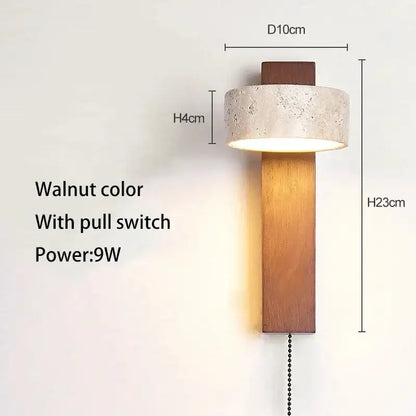 Japandi Natural Stone Wood Wall Lighting With Pull Switch │ Modern Vintage Style Round LED Sconce Wall Light - Besontique Home