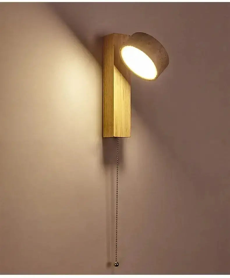 Japandi Natural Stone Wood Wall Lighting With Pull Switch │ Modern Vintage Style Round LED Sconce Wall Light - Besontique Home