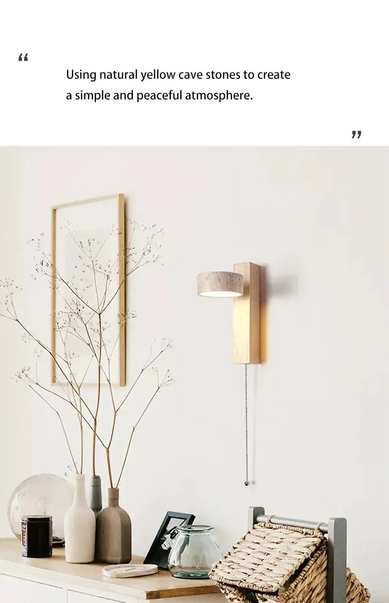 Japandi Natural Stone Wood Wall Lighting With Pull Switch │ Modern Vintage Style Round LED Sconce Wall Light - Besontique Home