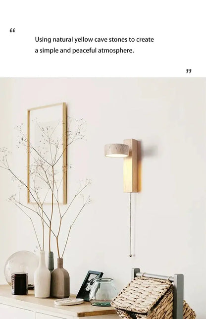 Japandi Natural Stone Wood Wall Lighting With Pull Switch │ Modern Vintage Style Round LED Sconce Wall Light - Besontique Home